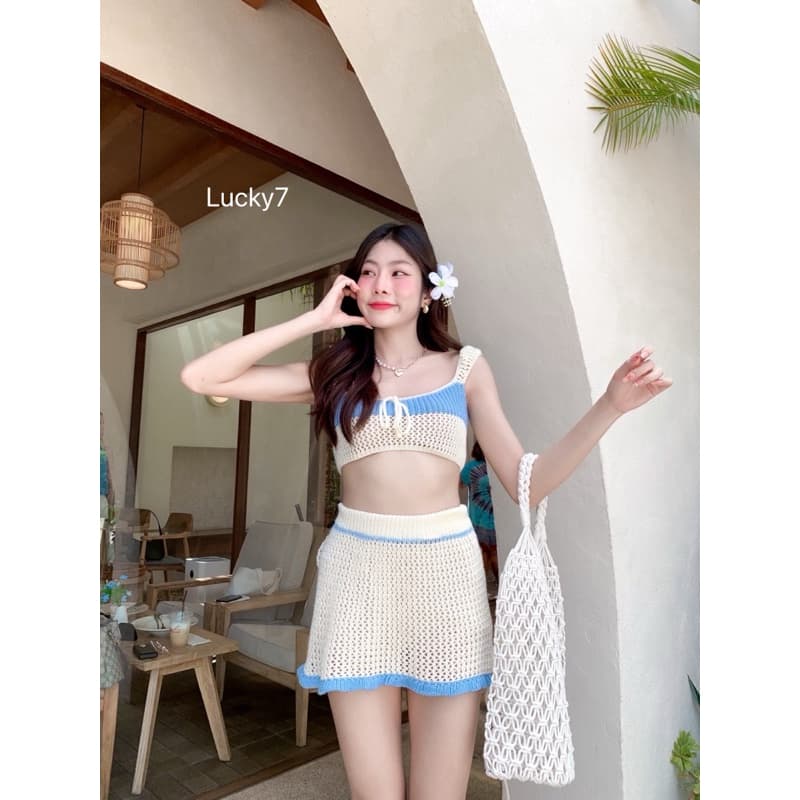 BY IRA RUBY Set งานเซ็ทไหมพรม สายเดี่ยว+กระโปรง แต่งลายฉลุ ชุดเซ็ตไปทะเล ดีเทลแต่งโบว์สุดน่ารัก รูปที่ 2