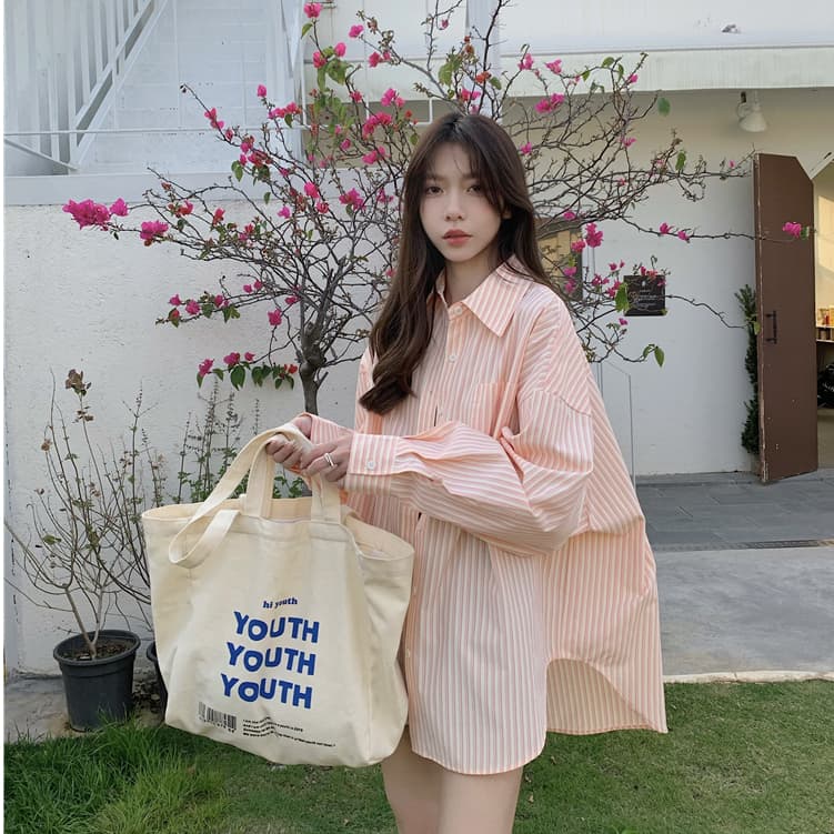 fashiongirl1688 เสื้อเชิ้ตแขนยาว ลายริ้ว ลายทาง สีสันสดส เหมาะกับซัมเมอร์สุดๆ สไตล์เกาหลี รูปที่ 5