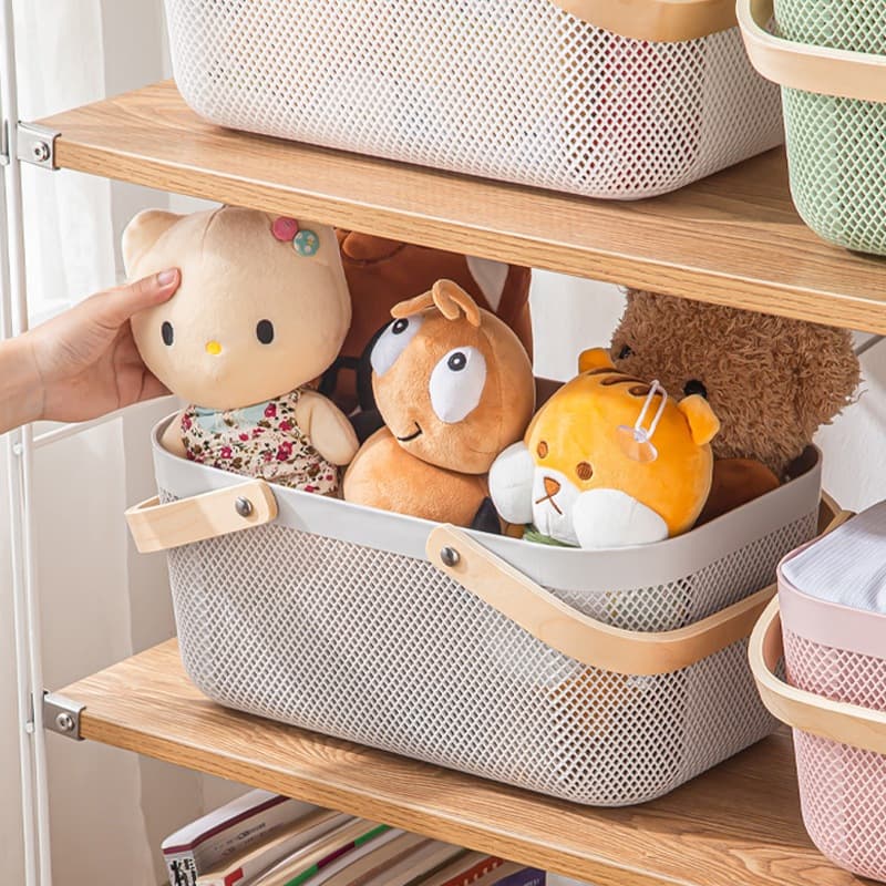 Goody Home ตะกร้าพลาสติก อเนกประสงค์ หูจับไม้ ทรงสีเหลี่ยมแบบพกพา รูปที่ 2