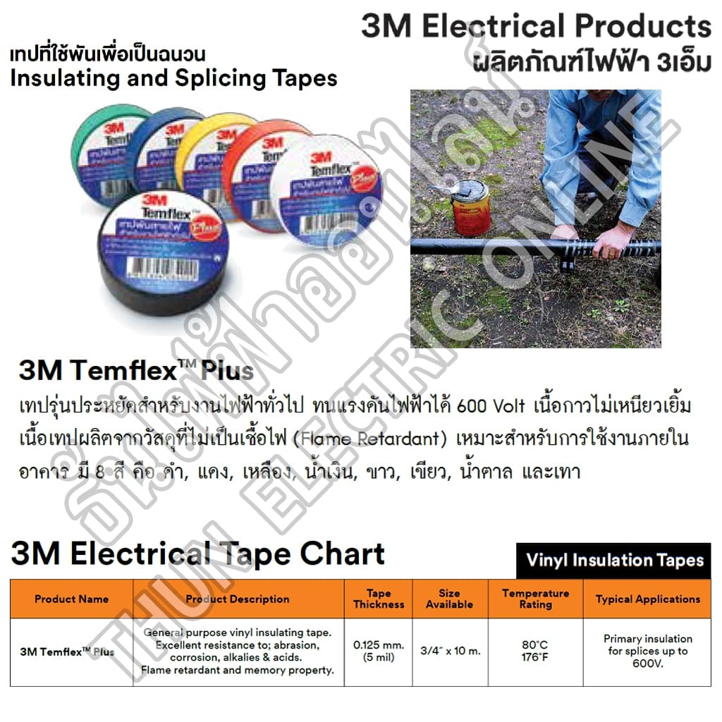 3M TEMFLEX PLUS เทปพันสายไฟ 3M สีดำ ธันไฟฟ้า รูปที่ 6
