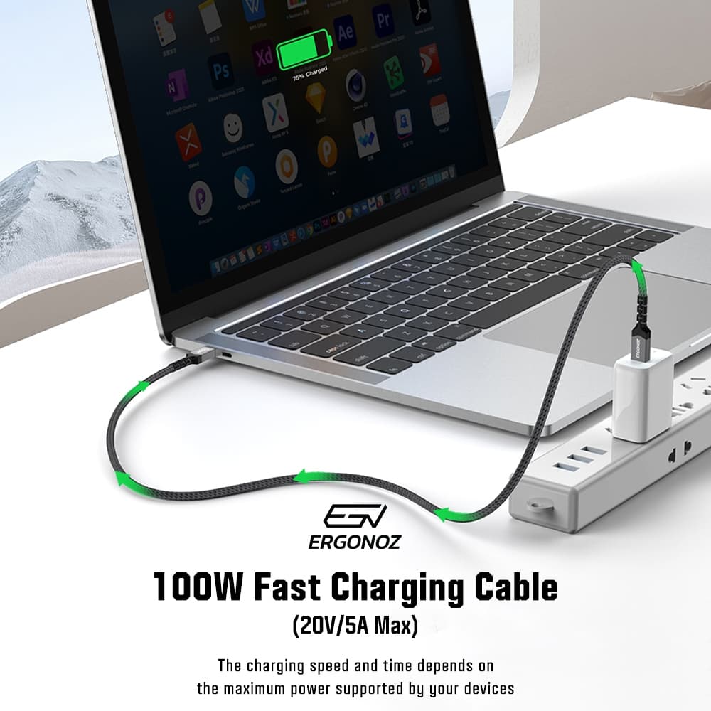 ERGONOZ Clynk สายชาร์จ TYPE-C PD 100W 20V 5A สายส่งข้อมูล 480 Mbps สายถัก E-Marker Chip ยาว 1M/2M/3M รูปที่ 3