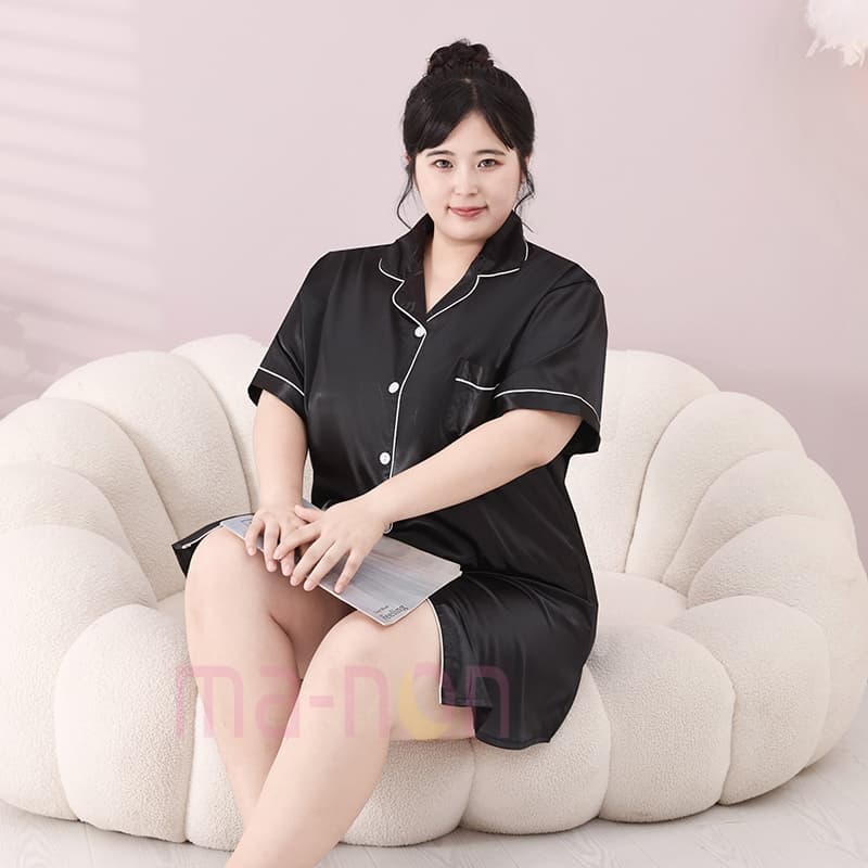 Plus size อก 60 52 ชุดนอนขนาดใหญ่พิเศษ ชุดนอน ชุดนอนกระโปรง ซาตินเดรส เนื้อนุ่มคุณภาพสูง สไตล์สีทึบ กระโปรงแขนสั้นสีพื้น รูปที่ 4