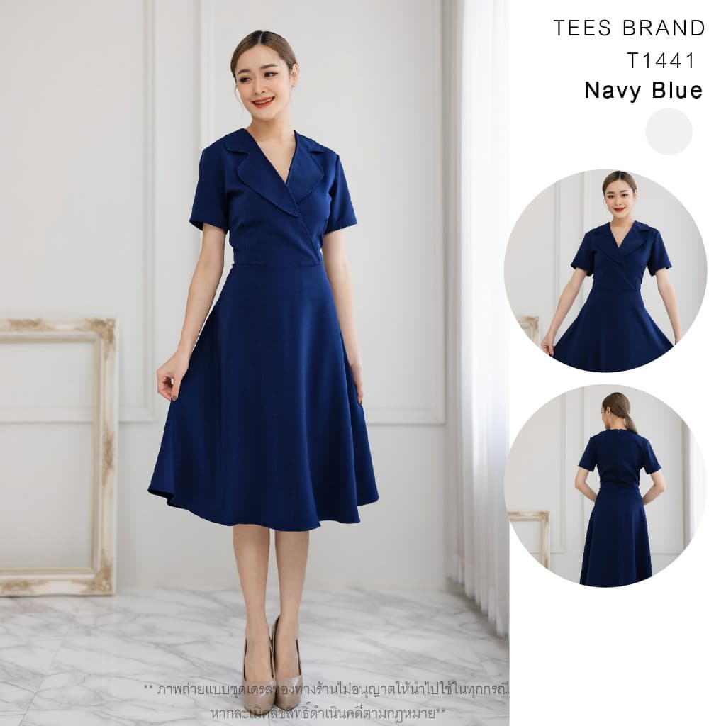 TEESBRAND ชุดทำงานสีดำT1440 1441 1442 เสื้อป้าย ปกสูท ทรงบาน คอวี แขนสั้น เดรสดำ ชุดดำงานศพ มีหลายสีให้เลือก รูปที่ 3