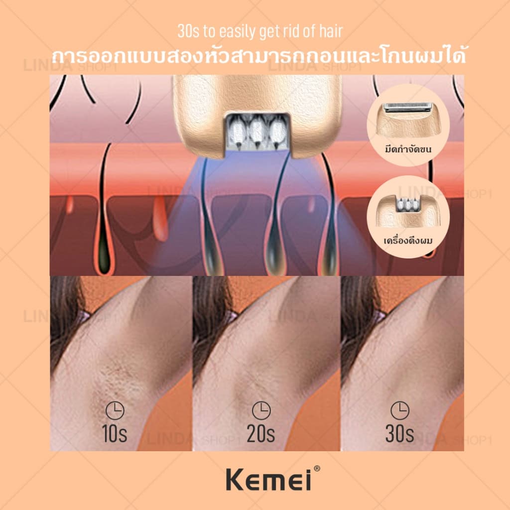 KEMEI 3 in 1 เครื่องกำจัดขน, เครื่องกำจัดขน, เครื่องเจียรเท้า, กำจัดขนขา, ขนตามร่างกาย, ขนรักแร้ และกำจัดขนบริเวณพิเศษ รูปที่ 5