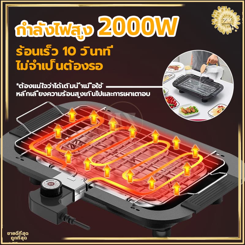 เตาปิ้งย่างไฟฟ้า เตาปิ้งย่างไร้ควัน เตาบาร์บีคิว กำลังไฟสูง 2000W ทอดเร็ว ปรับระดับความร้อนได้ 5 ระดับ ให้ความร้อนเร็ว รูปที่ 4