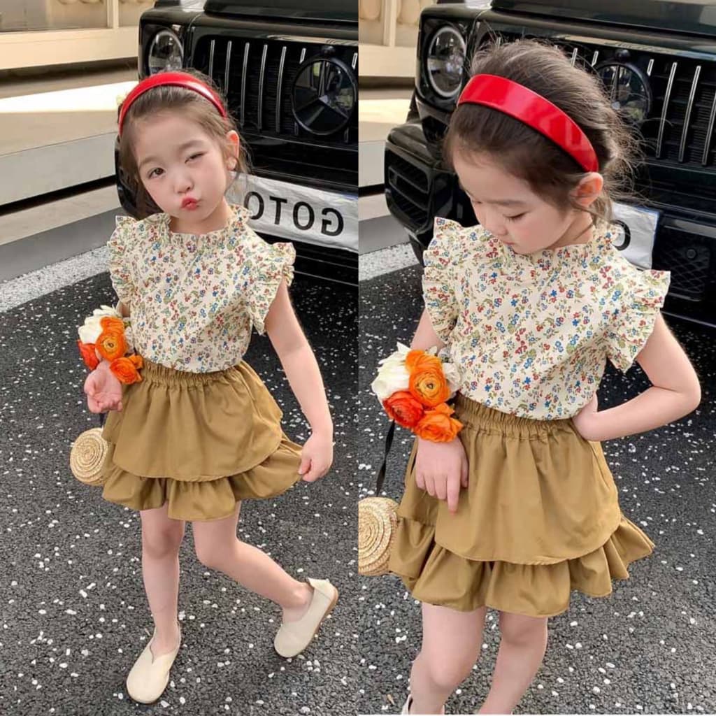 Babyonline F5 ชุดเซ็ตเสื้อแขนกุดกระโปรงกางเกงขาจั๊มลายดอกไม้ ผ้าฝ้าย ใส่สบาย รูปที่ 3