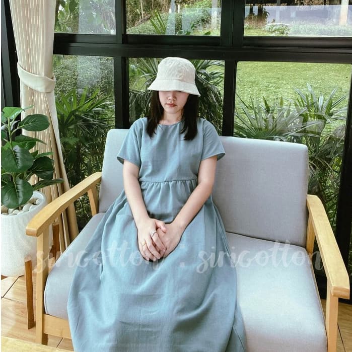 Empire waist dress : เดรสผ้าฝ้ายฟอกนุ่ม เชือกผูกปรับเข้ารูป มีกระเป๋าล้วง รูปที่ 5