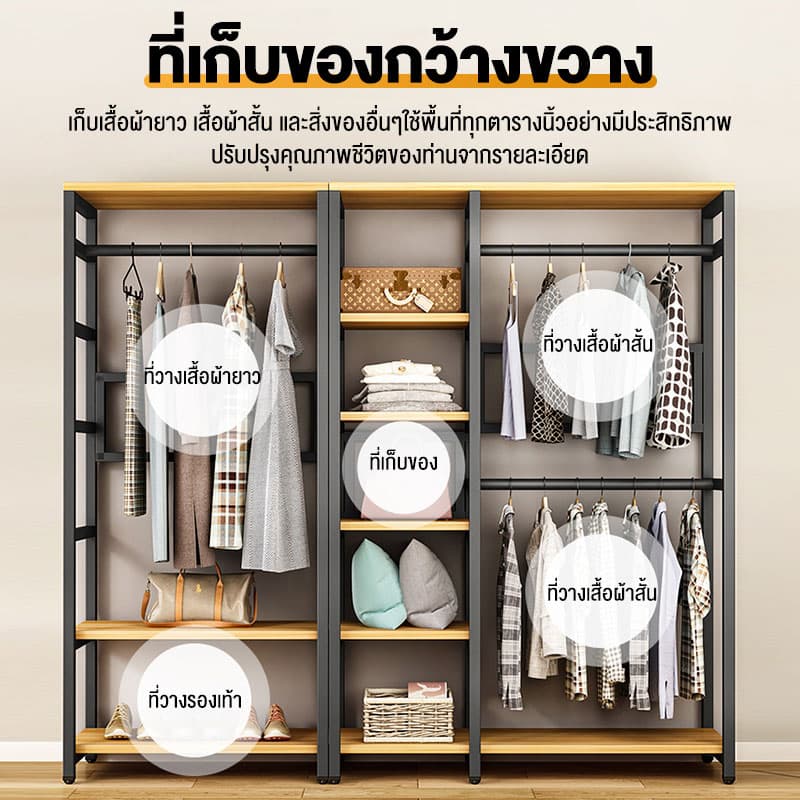ราวแขวนเสื้อผ้า ตู้เสื้อผ้า โครงเหล็ก 60/90/120CM ตู้เก็บผ้า MDF พร้อมชั้นวางของ ติดตั้งง่าย สไตล์โมเดิร์น รูปที่ 7