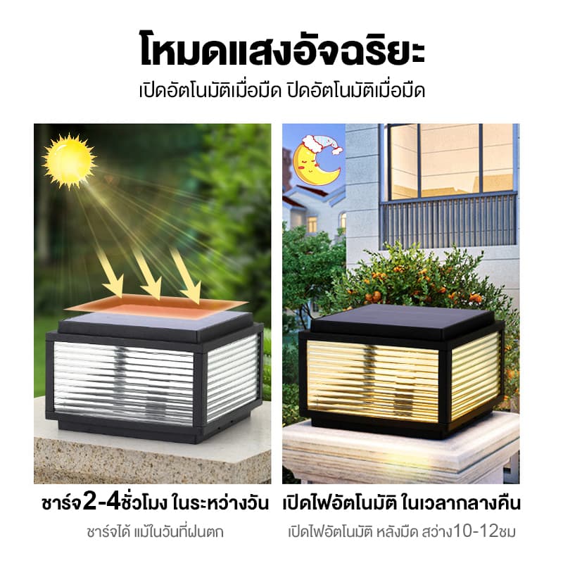 ไฟหัวเสาโซล่าเซลล์ โคมไฟหัวเสา ปรับได้2สี รุ่นสีเหลี่ยม ไฟ Solar light pillar lamp กันน้ำ ทนแดด การควบคุมแสงอัจฉริยะ รูปที่ 2