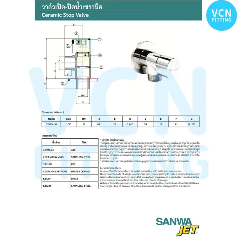 สต็อบวาวล์ ก๊อกติดผนัง เซรามิค Stop valve, Wall Tap SANWA JET ซันวา ขนาด 1/2" รูปที่ 2