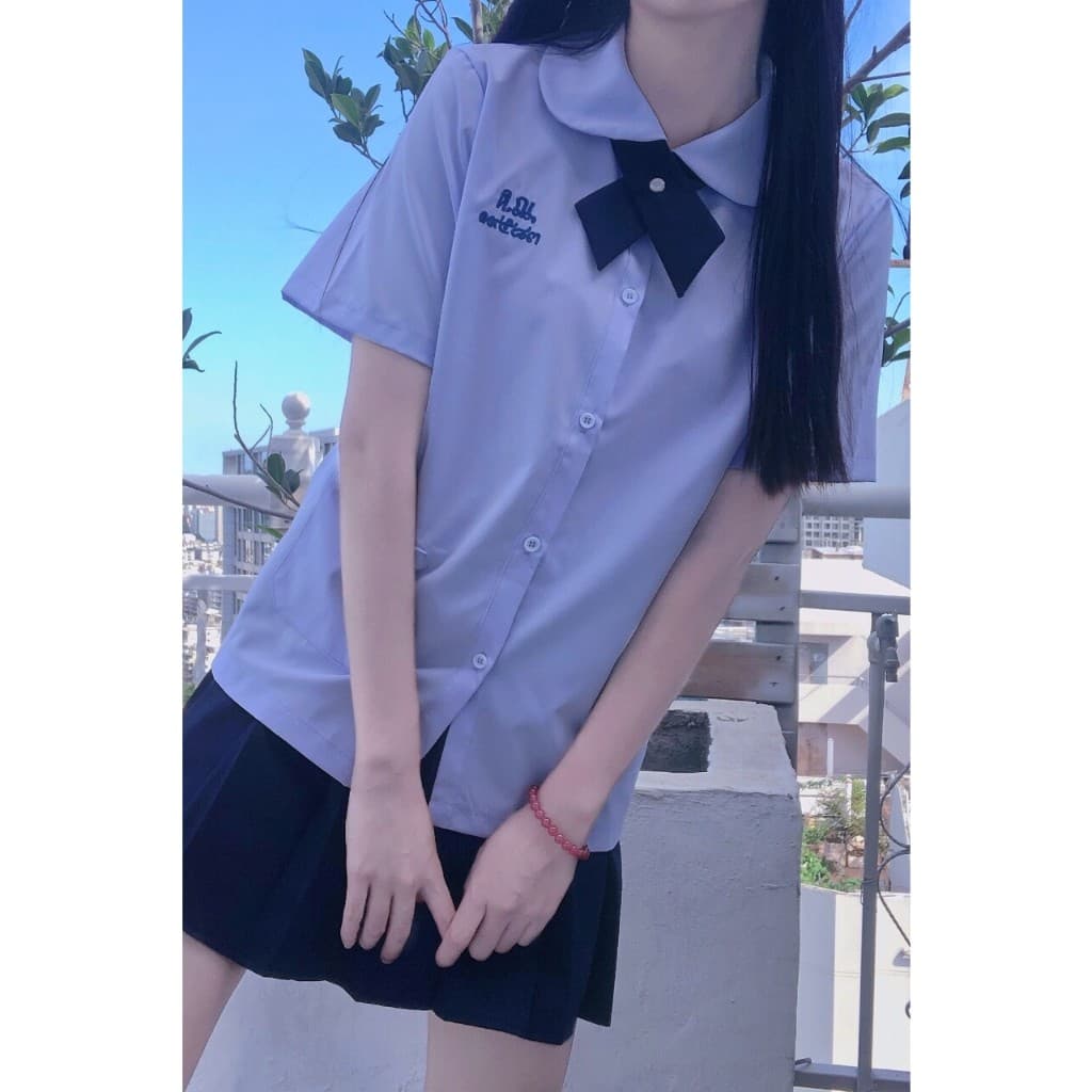ชุดเครื่องแบบโรงเรียนไทยสามชุดเสื้อเชิ้ตหญิงแขนสั้นธีมไทยเสื้อเชิ้ตสีม่วงอ่อน +กระโปรงเครื่องแบบนักเรียนสไตล์วิทยาลัยพร้ รูปที่ 2