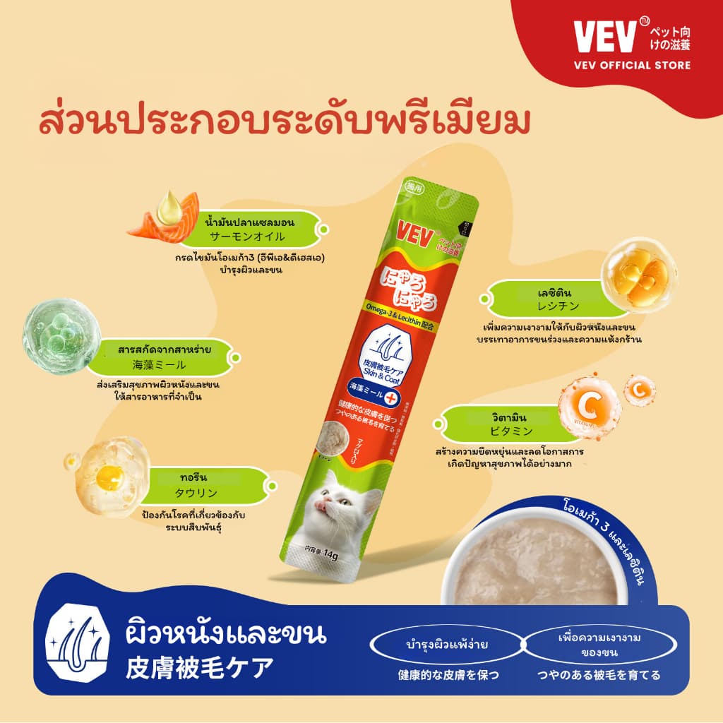 COUCOU VEV แมวเลีย วิตามินแมว อาหารเสริม ไลซีน วิตามินรวม แบ่งขายแบบซอง 14g รูปที่ 3