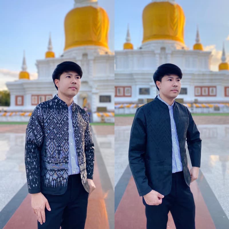 เสื้อคลุมคอจีนสีดำ : เสื้อคลุมผ้าไทย ใส่ทำงาน ทรงสวยดูดี เสื้อคลุมผู้ชาย รูปที่ 1