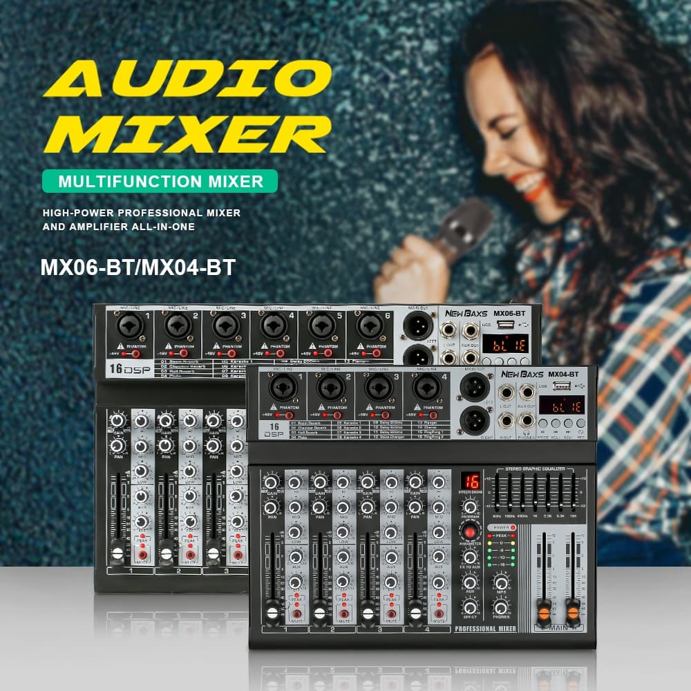 NEW BAXS เครื่องผสมเสียง เครื่องผสมมืออาชีพ มิกเซอร์ 4/6 ช่อง MX06-BT/MX04-BTเครื่องผสมสัญญาณ EQ ผล 99 DSP สัญญาณ USB รูปที่ 2