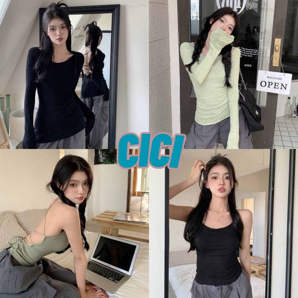 ส่งทันที Cici Set2ชิ้น เสื้อเเขนยาวเว้าหลัง+สายเดี่ยวเว้าหลัง ผ้าไหมพรม สายปรับได้ สาวเซ็กซี่ รูปที่ 1