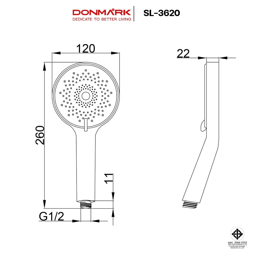 DONMARK ฝักบัวอาบน้ำชุบโครเมี่ยมหน้ากว้าง 12 ซม. ปรับ 3 ระดับ รุ่น SL-3620 รูปที่ 5