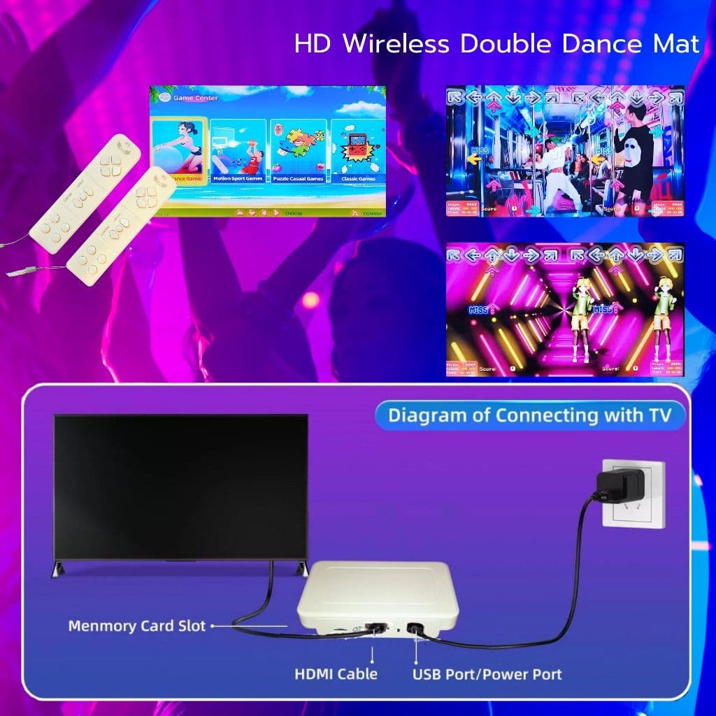 Gamedances แผ่นเกมเต้นคู่ HDMI ภาพคมชัด เกมเต้นมีโหมดวิดีโอ แผ่นเต้นไร้สายวัสดุ PU พร้อมจอยไร้สาย รูปที่ 9