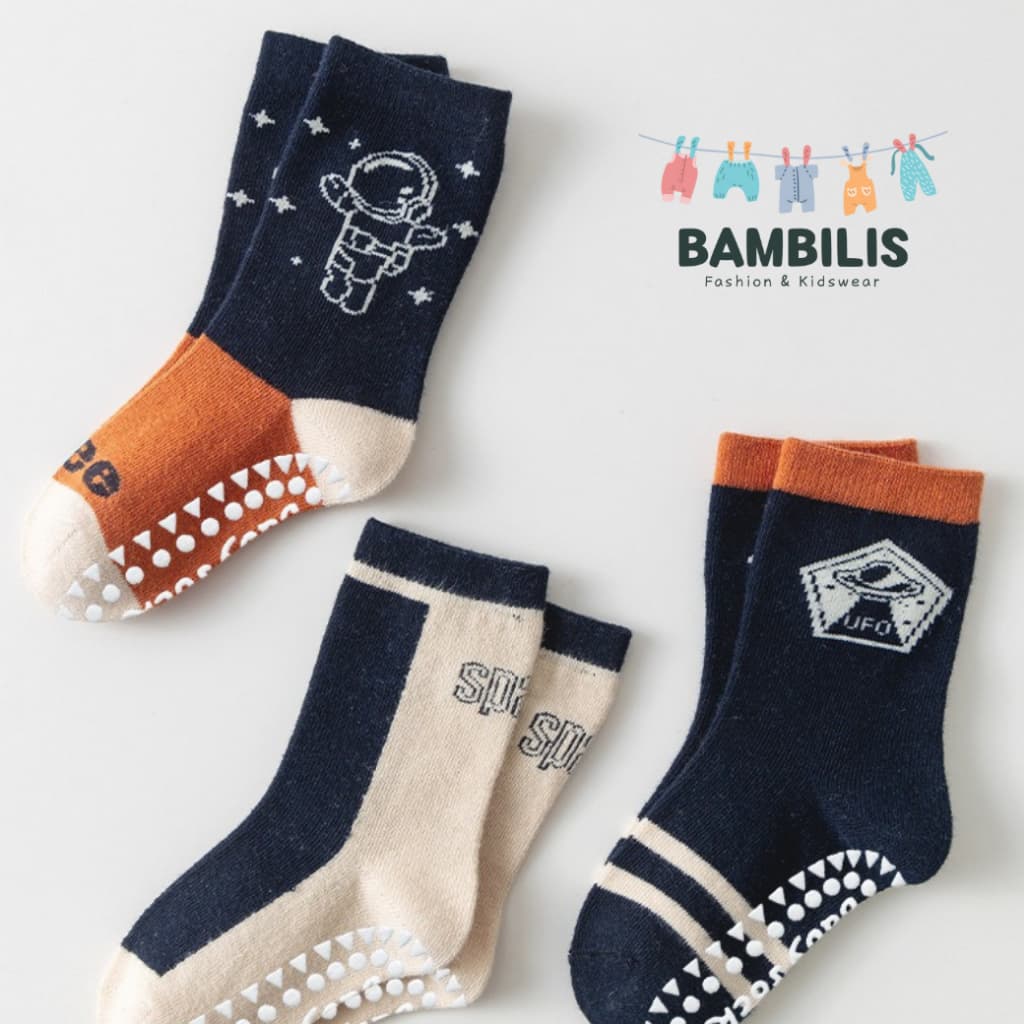 Bambilis : ถุงเท้าเด็ก ถุงเท้าเด็กกันลื่นข้อสั้น 1 แพคมี 5 คู่ ลายอวกาศสีส้ม รูปที่ 5