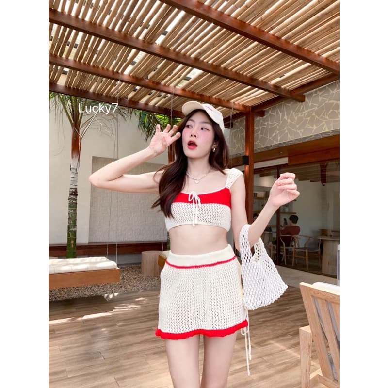 BY IRA RUBY Set งานเซ็ทไหมพรม สายเดี่ยว+กระโปรง แต่งลายฉลุ ชุดเซ็ตไปทะเล ดีเทลแต่งโบว์สุดน่ารัก รูปที่ 6