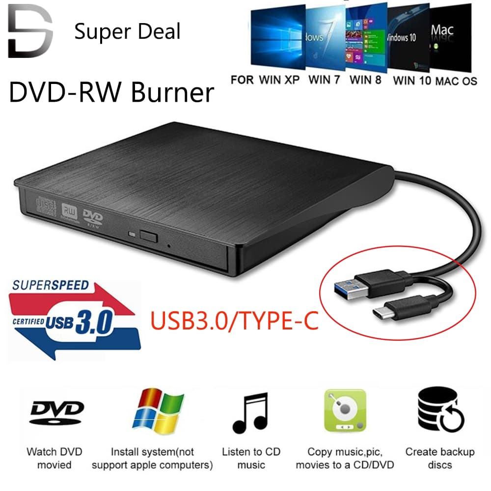 USB 3.0 /TYPE-C Dual Interface Ultra Slim External DVD-RW Burner/CD/Rewrite/ออปติคัลไดรฟ์แบบพกพาสีดำ รูปที่ 1