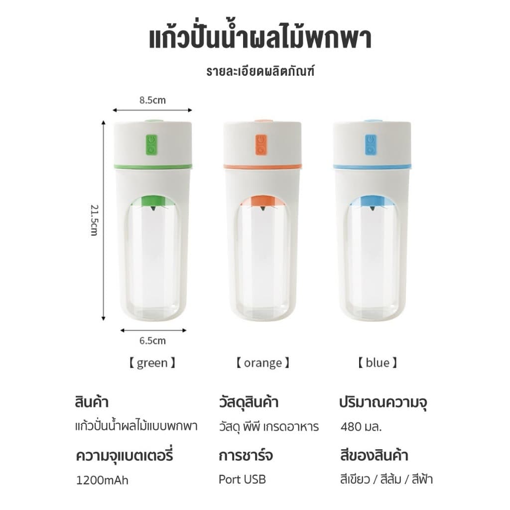 เครื่องปั่นน้ําผลไม้ แบบพกพา ความจุ480ML มีหลอดในตัว แก้วปั่นผลไม้ไร้สาย ปั่นน้ําแข็งได้ เครื่องปั่น รูปที่ 2