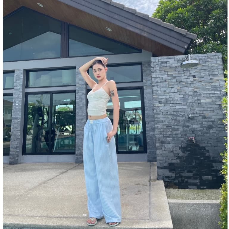 กางเกงผ้า Nammon Jeans B90-B93 กางเกงผ้ากระบอกใหญ่ลายทาง ใส่สบาย รูปที่ 5