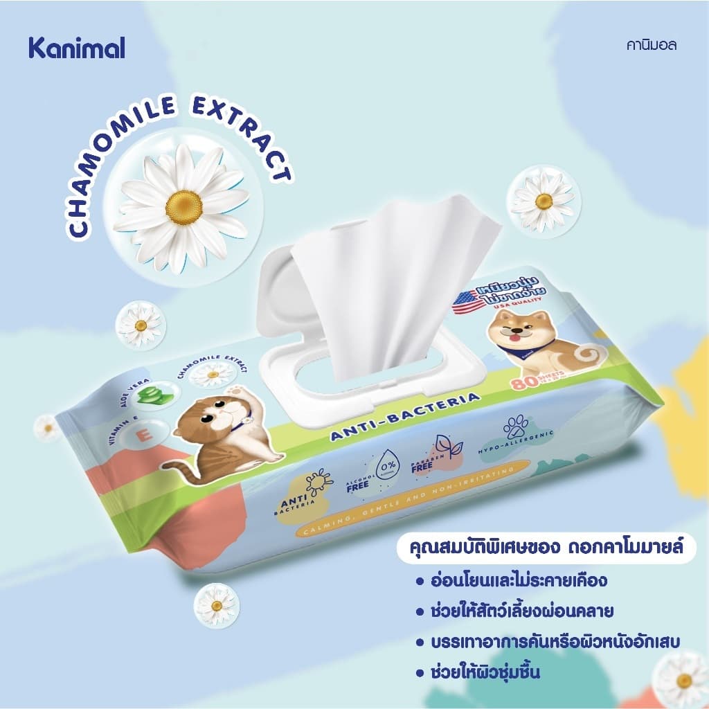 Kanimal Pet Wipes ผ้าเปียก ทิชชู่เปียก ทำความสะอาดสัตว์เลี้ยง อ่อนโยน ไม่ระคายเคือง จำนวน 80 แผ่น รูปที่ 2