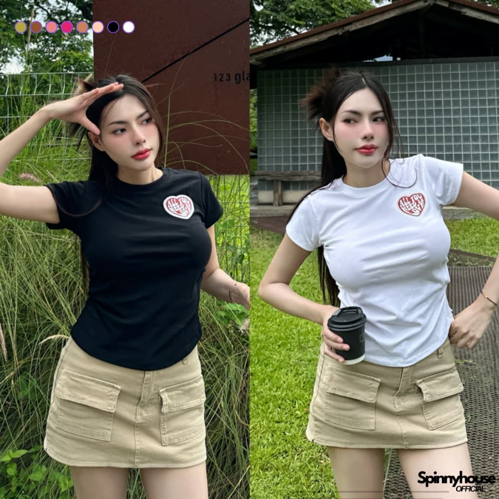 SpinnyHouseเสื้อยืดรัดรูปแต่งย่นข้าง สกรีนหัวใจแน่นๆ ทรงสวย ใส่แล้วพรางหุ่นมาก สาวอวบใส่ได้ รุ่น จั๊มเอวAllyou รูปที่ 1