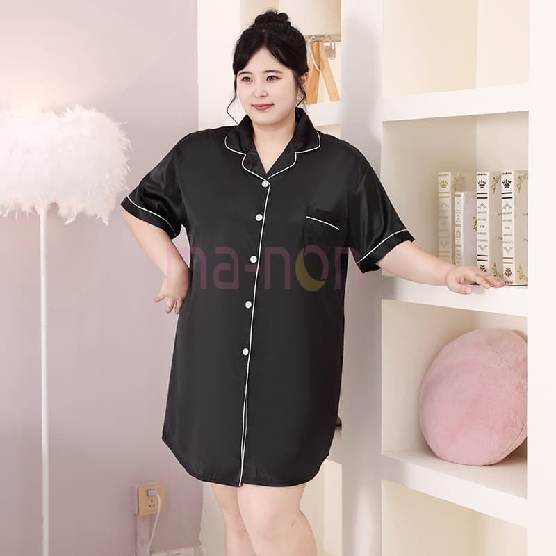 Plus size อก 60 52 ชุดนอนขนาดใหญ่พิเศษ ชุดนอน ชุดนอนกระโปรง ซาตินเดรส เนื้อนุ่มคุณภาพสูง สไตล์สีทึบ กระโปรงแขนสั้นสีพื้น รูปที่ 9