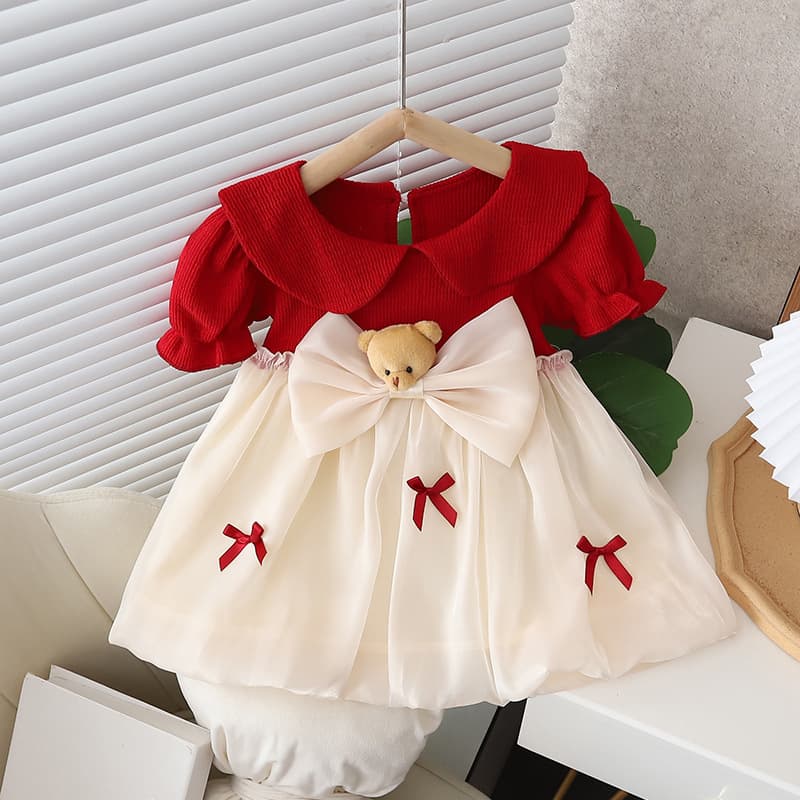 Babyonline A4 ชุดเดรสกระโปรงแฟชั่นทรงบอลลูนแต่งหัวหมีสุดน่ารักผ้าไหมแก้ว นุ่มลื่น ซับในผ้าฝ้าย รูปที่ 7