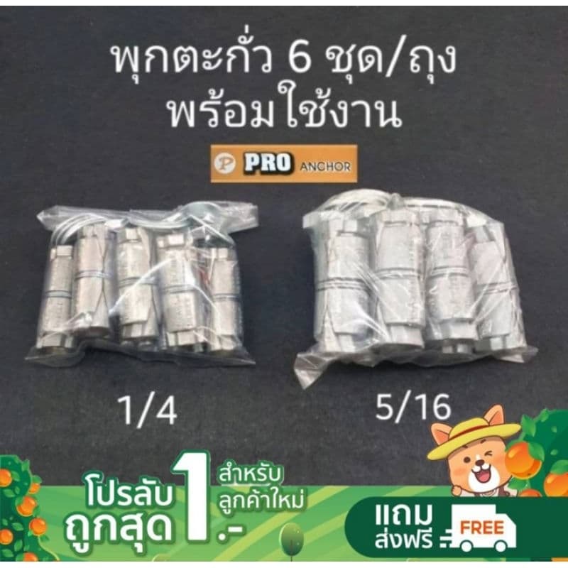พุกตะกั่วPRO พร้อมน๊อตและแหวน พร้อมใช้งาน 6 ชุด พุกตะกั่ว1/4 5/16 รูปที่ 1