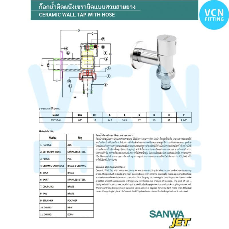 สต็อบวาวล์ ก๊อกติดผนัง เซรามิค Stop valve, Wall Tap SANWA JET ซันวา ขนาด 1/2" รูปที่ 5