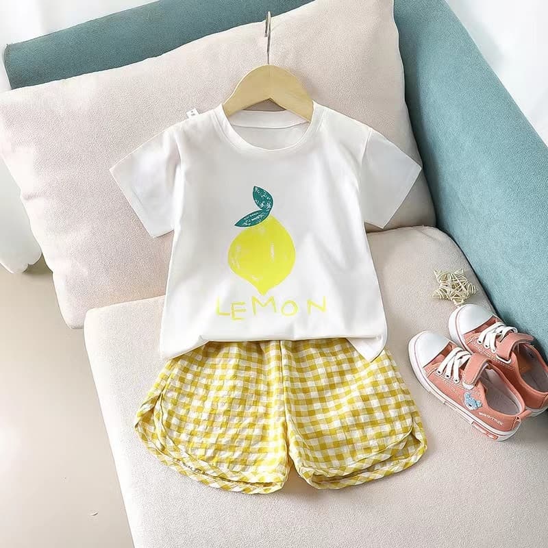P06 ชุดเสื้อแขนสั้น ชุดเด็ก ลายผลไม้ และ กางเกงขาสั้นลายสก๊อต ผ้านิ่ม ใส่สบาย Set 2 ชิ้น รูปที่ 7