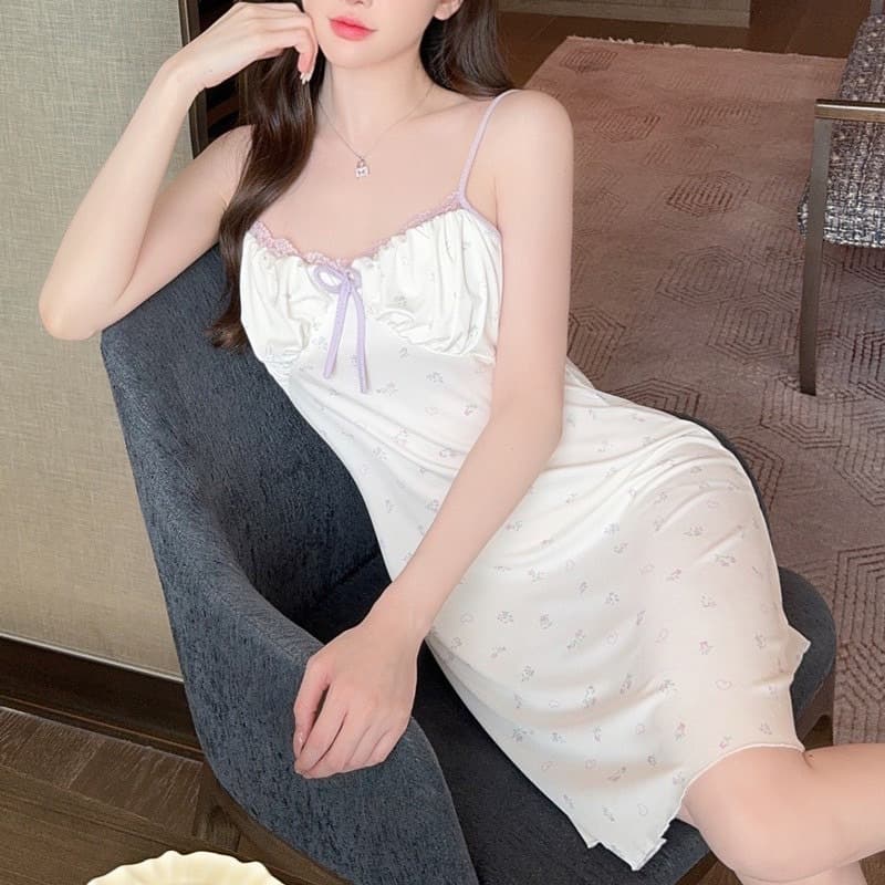 ชุดนอนเดรสกระโปรง สายเดี่ยว เข้ารูป ประดับโบว์ ลายดอกไม้น่ารัก เข้ากับทุกการแต่งกาย สําหรับสตรี#DB085 รูปที่ 7