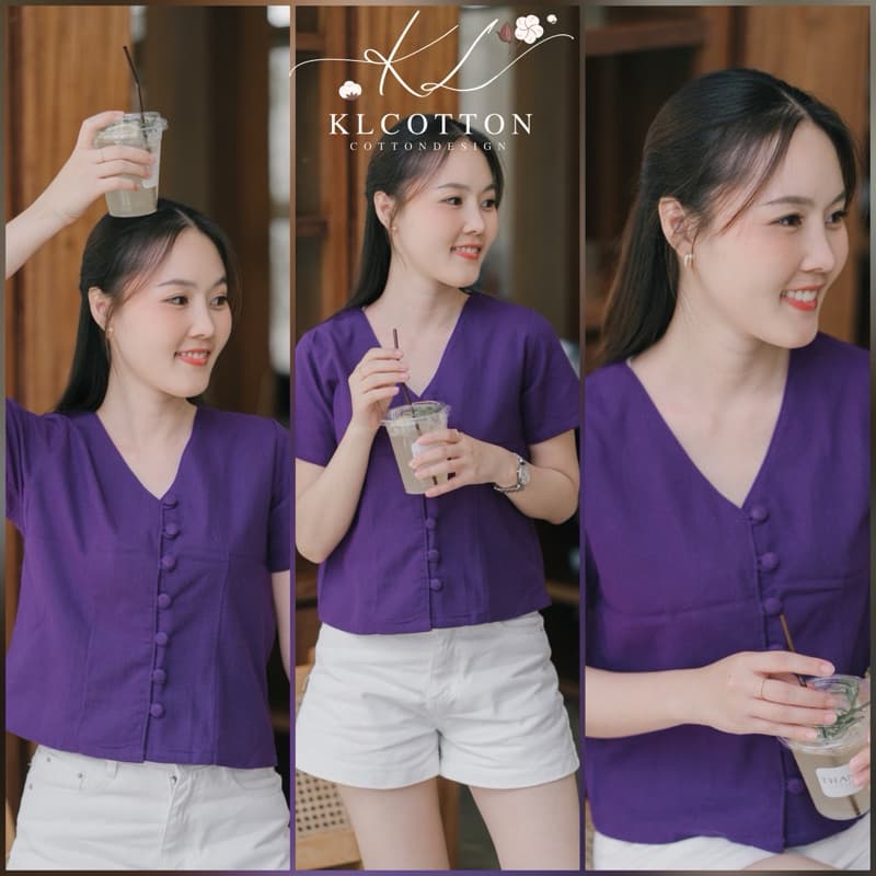 เสื้อผ้าฝ้ายเนื้อนุ่มคอวีกระดุมผ้าปั๊ม ทรงครอปสวย รูปที่ 4