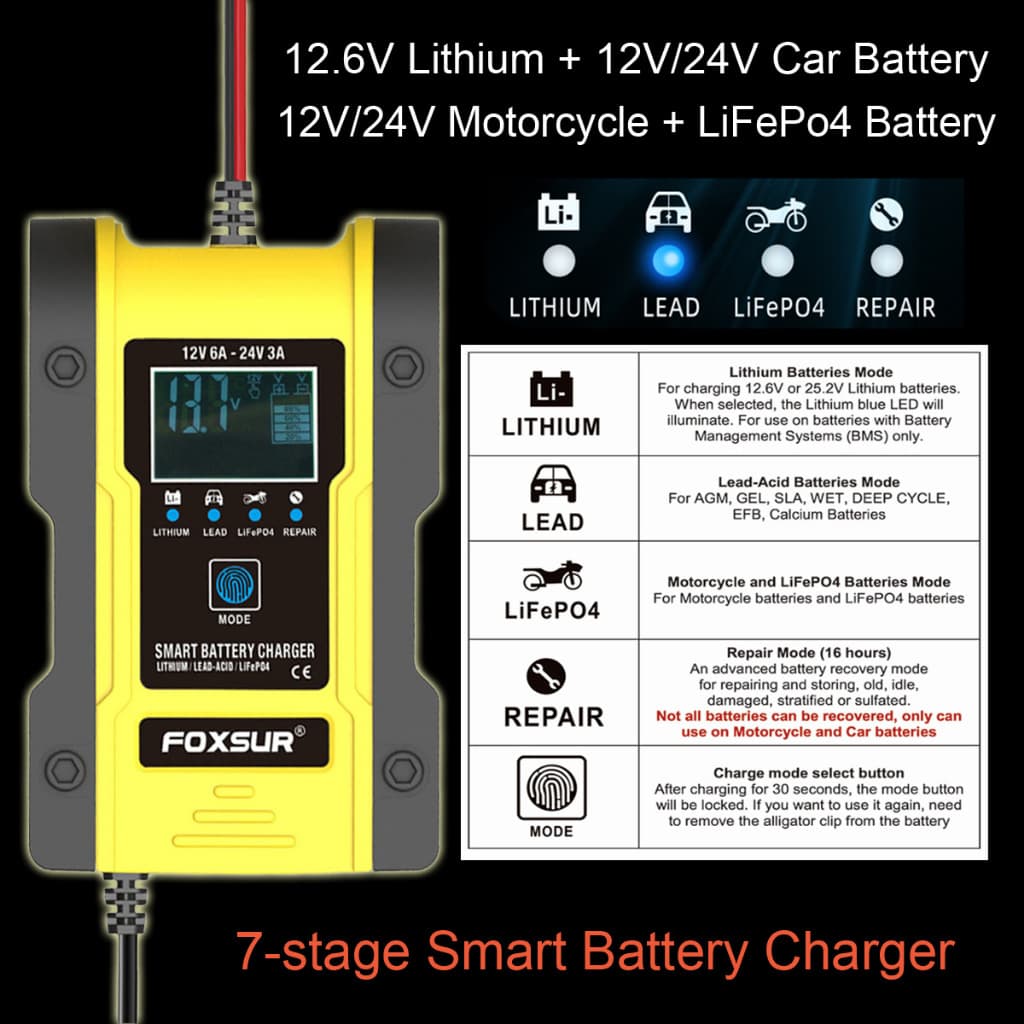 FOXSUR 12V 6A ที่ชาร์จแบตรถยนต์ ฟื้นฟูค่า CCA ยืดอายุแบต รถยนต์ มอไซค์ ผ่าน มอก. รูปที่ 7