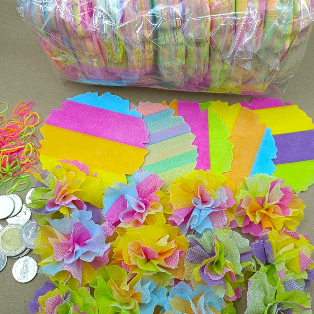 กระดาษสาห่อเหรียญโปรยทาน รุ่นสีรุ้ง1,000แผ่น พร้อมหนังยาง มี10ถุง ถุงละ100แผ่น ใช้พับใส่เหรียญโปรยทานงานทำบุญ งานบวช รูปที่ 5