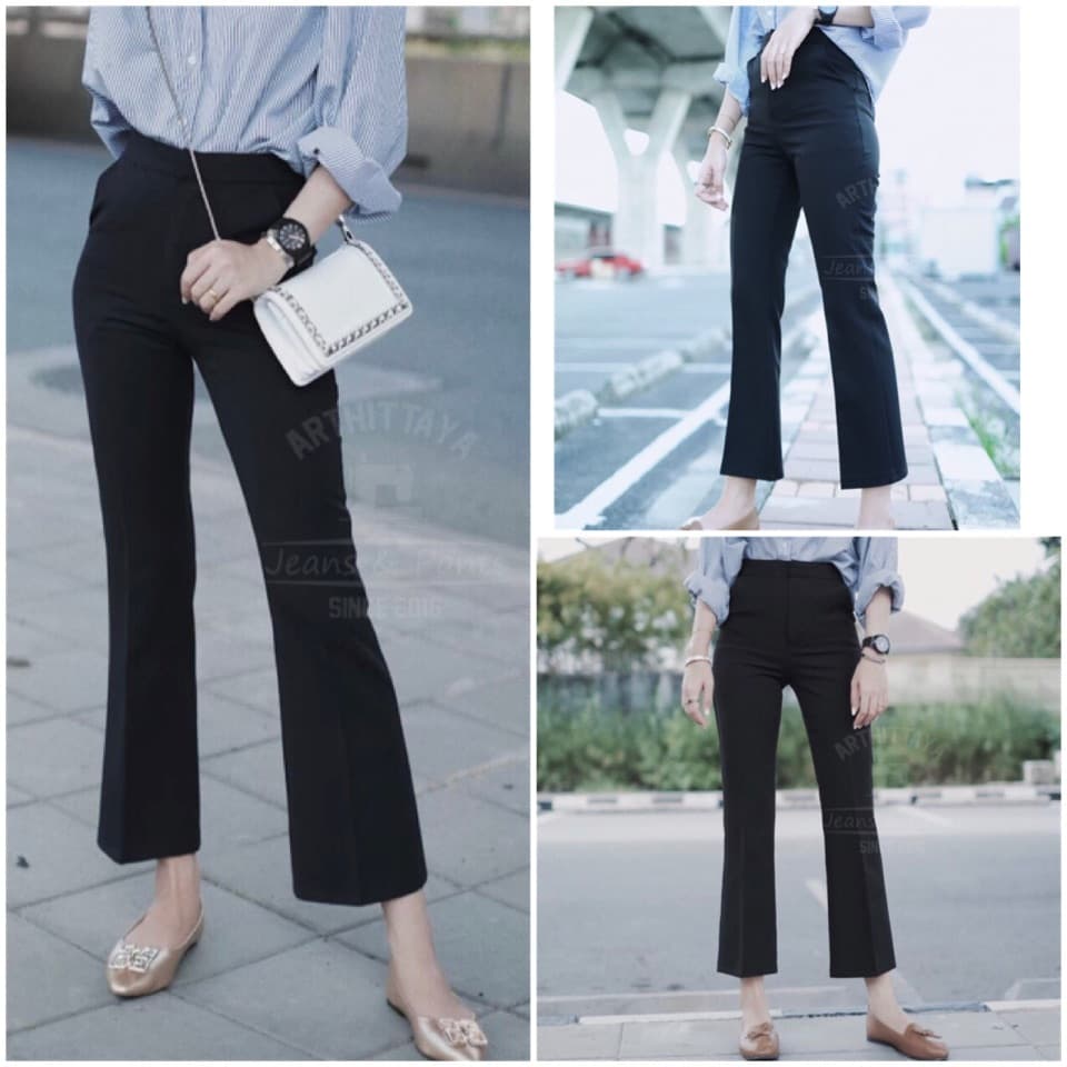ARTHITTAYA.BRAND กางเกงผ้าซาร่า 8 ส่วน ขาบาน เอวสูง-สีดำ รูปที่ 6