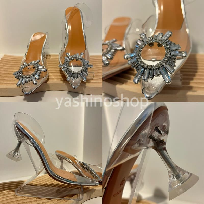 yashinoshop รองเท้าส้นสูงหัวแหลม รัดส้น หนังแก้วใส ตกแต่งคริสตัล ความสูง 2.7-3.5 นิ้ว รูปที่ 7