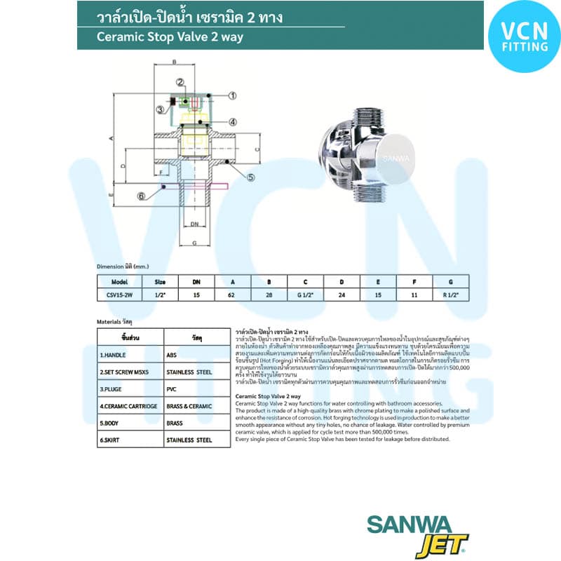 สต็อบวาวล์ ก๊อกติดผนัง เซรามิค Stop valve, Wall Tap SANWA JET ซันวา ขนาด 1/2" รูปที่ 3