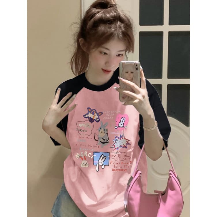 เสื้อยืดสวยๆผู้หญิงที่กําลังฮิต oversize เสื้อผ้าสไตล์ญี่ปุ่นน่ารัก แฟชั่นเกาหลี เสื้อโอเวอร์ไซส์วินเทจ สตรีทสีทูโทนม้าก รูปที่ 6