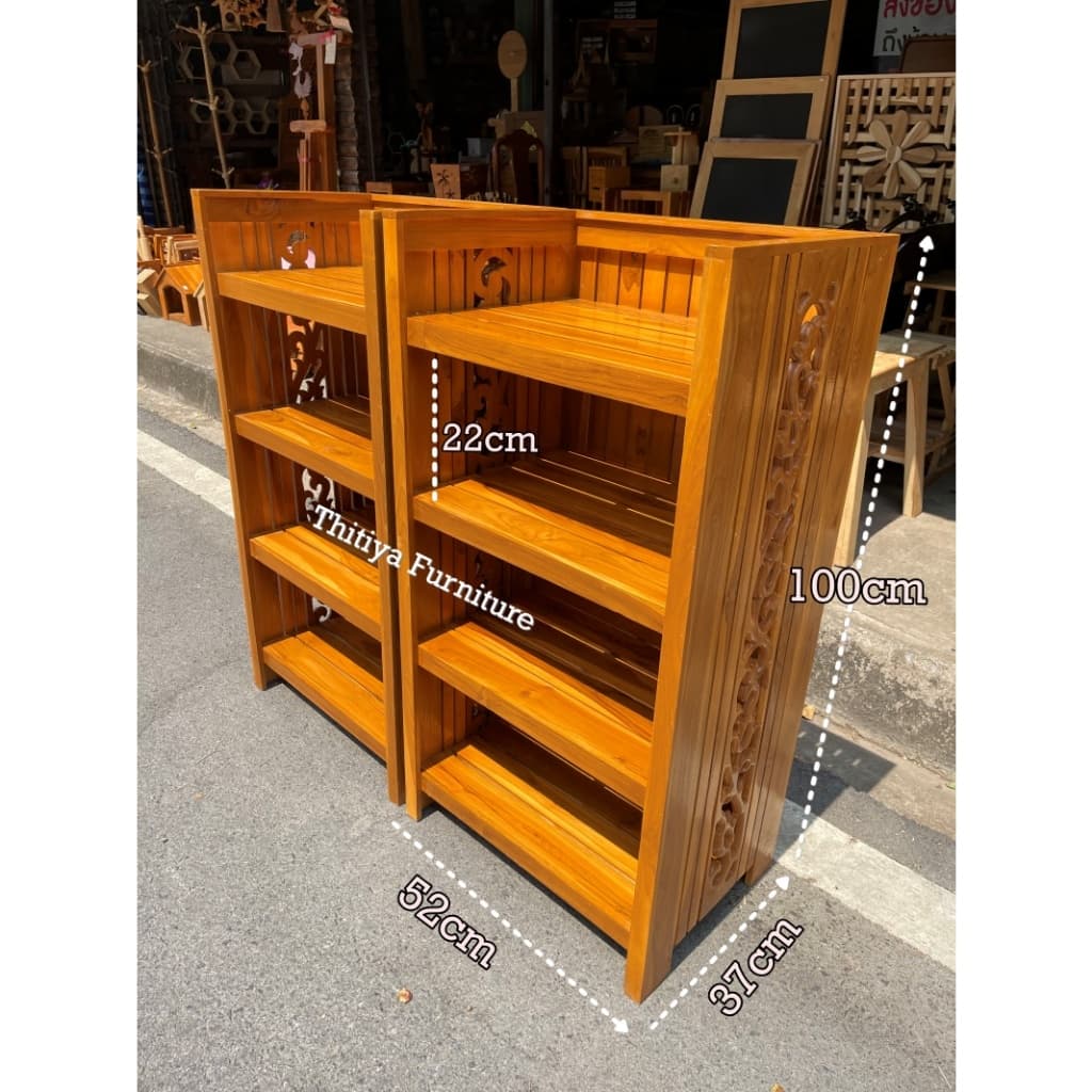 ชั้นวางของอเนกประสงค์ 4 ชั้น ไม้สักแท้ ฉลุลายด้านข้าง ชั้นเข้ามุม ขนาด37x52x100ซม รูปที่ 3
