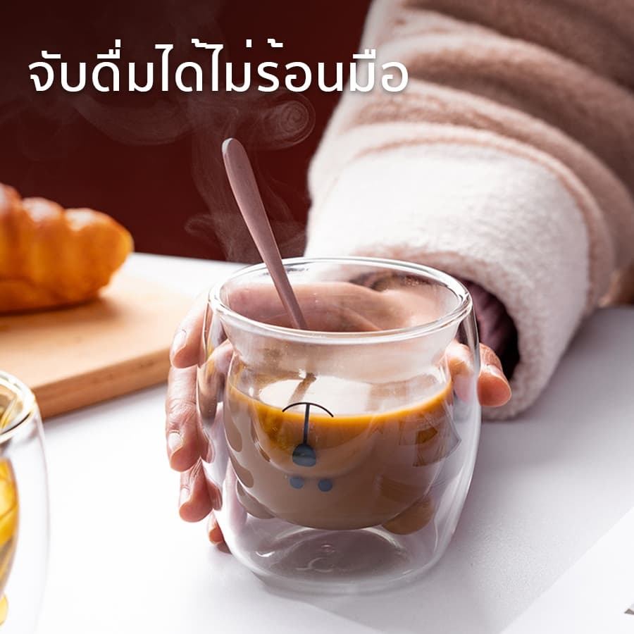 แก้วสองชั้น แก้วหมี Double wall glass แก้วแตกจากขนส่งเคลมได้ 250ml 350ml ใส่นม กาแฟ พร๊อพถ่ายรูป Tham coff รูปที่ 5