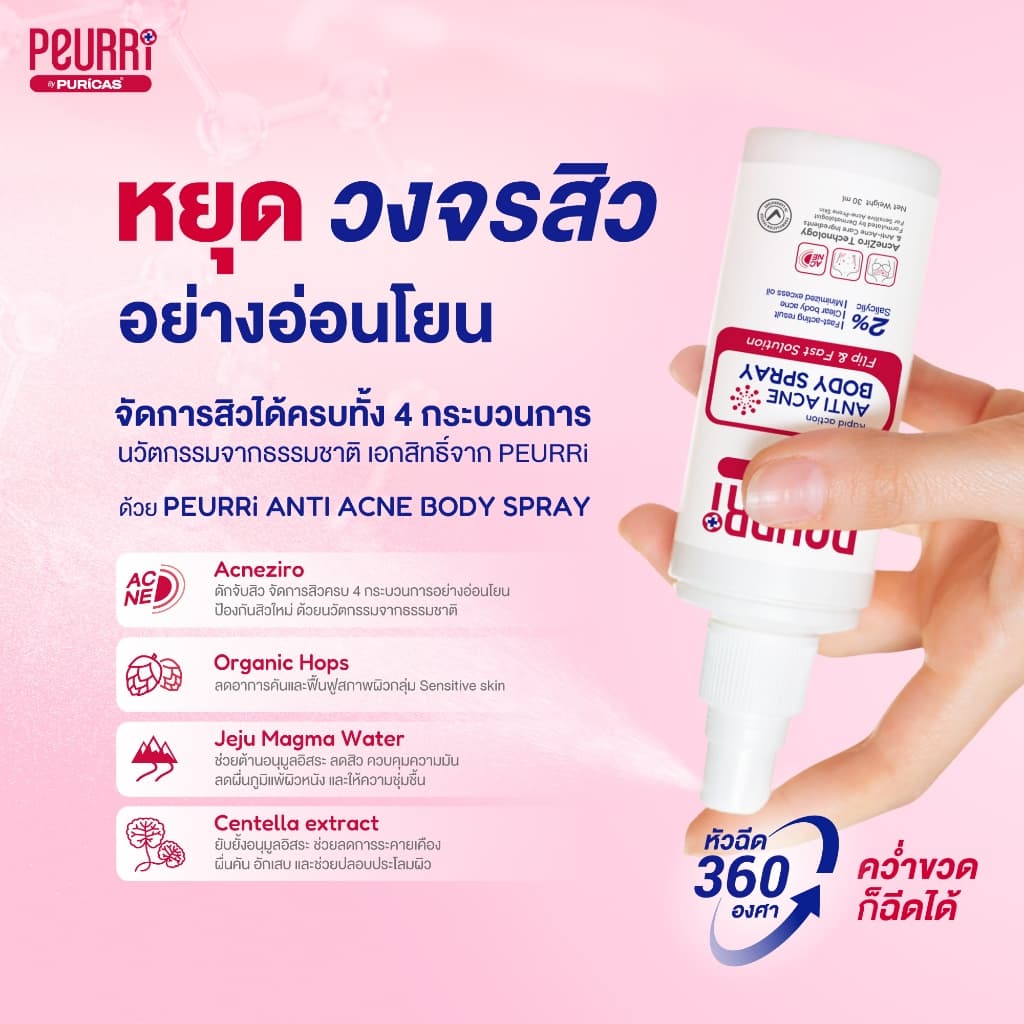 สเปรย์สิวหลัง PEURRi Anti Acne Body Spray 30ml ยิ่งฉีด สิวยิ่งแห้งไว สเปรย์ลดเลือนสิวหลังและสิวตัว รูปที่ 5