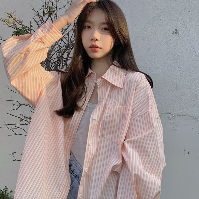 fashiongirl1688 เสื้อเชิ้ตแขนยาว ลายริ้ว ลายทาง สีสันสดส เหมาะกับซัมเมอร์สุดๆ สไตล์เกาหลี รูปที่ 8