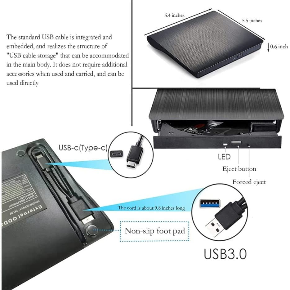 USB 3.0 /TYPE-C Dual Interface Ultra Slim External DVD-RW Burner/CD/Rewrite/ออปติคัลไดรฟ์แบบพกพาสีดำ รูปที่ 3