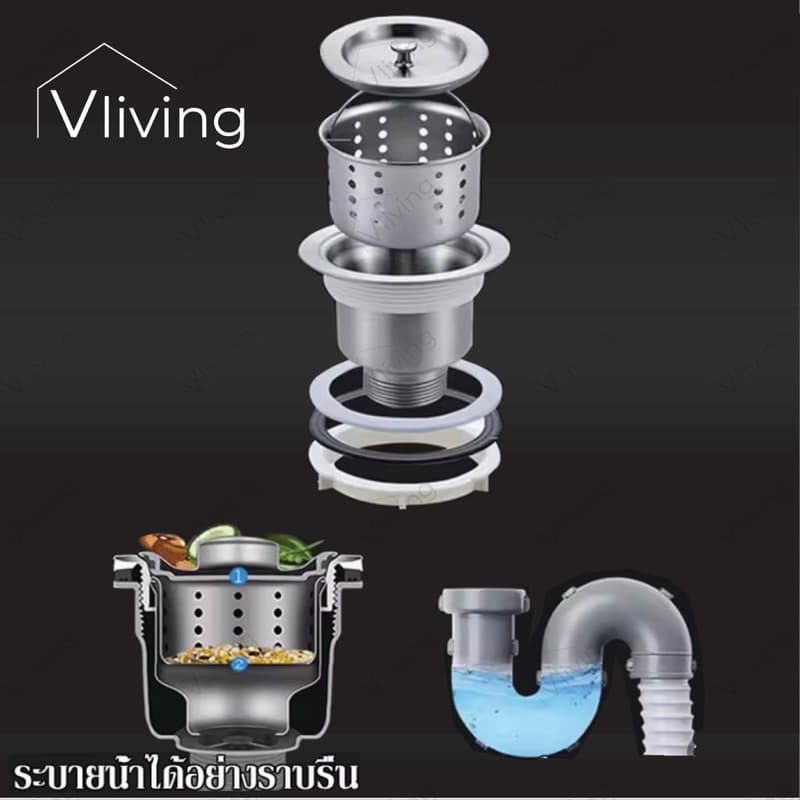 Vliving ซิ้งค์ล้างจาน อ่างล้างจาน สแตนเลส 2หลุม 3ชั้น มีบน รูปที่ 5