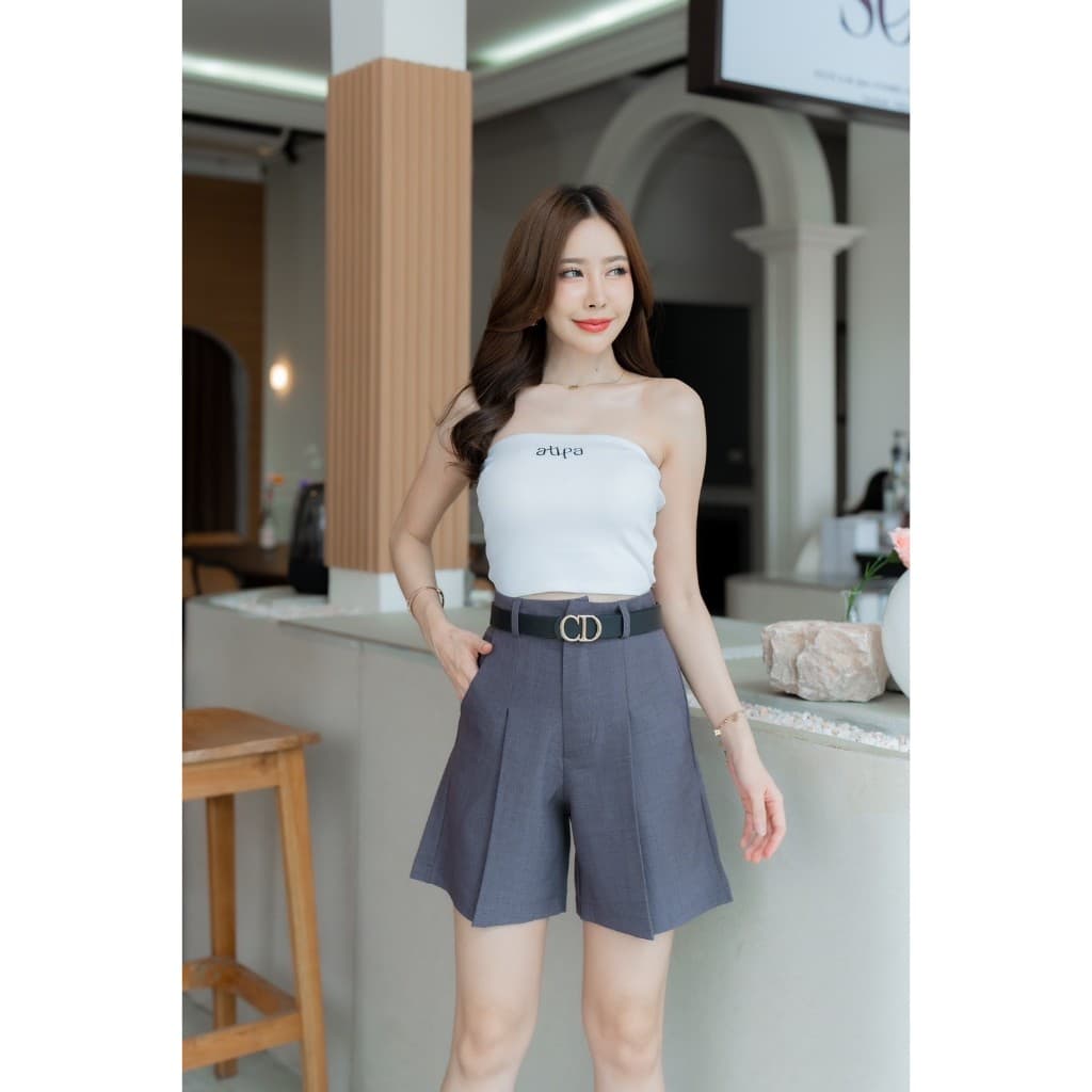 ใหม่ล่าสุด G96 กางเกงขาสั้น เอวสูง ซิปหน้า ตะขอหน้า ผ้าฟอร์ร่า ใส่สบาย สาวอวบไซส์ใหญ่ S - 7XL รูปที่ 4