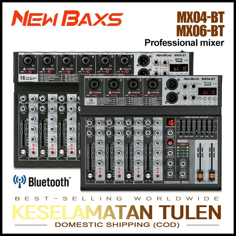 NEW BAXS เครื่องผสมเสียง เครื่องผสมมืออาชีพ มิกเซอร์ 4/6 ช่อง MX06-BT/MX04-BTเครื่องผสมสัญญาณ EQ ผล 99 DSP สัญญาณ USB รูปที่ 1
