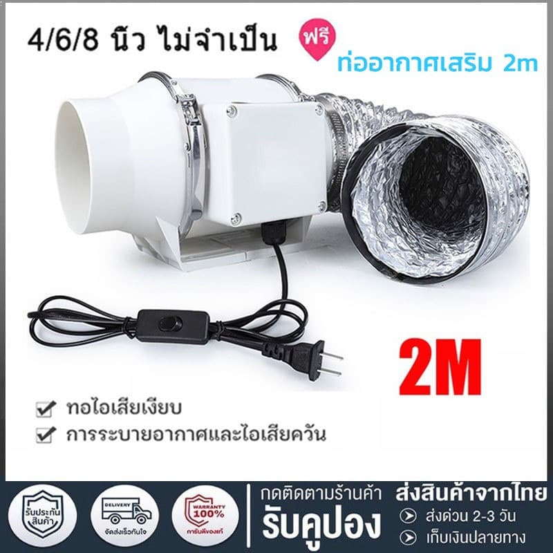 2m เคเบิล พร้อมสวิตซ์ 4 นิ้ว 6 นิ้ว 8 นิ้ว พัดลมดูดอากาศ พัดลมดูดควัน พัดลมระบายอากาศ ที่ดูดควัน เครื่องดูดควัน รูปที่ 1